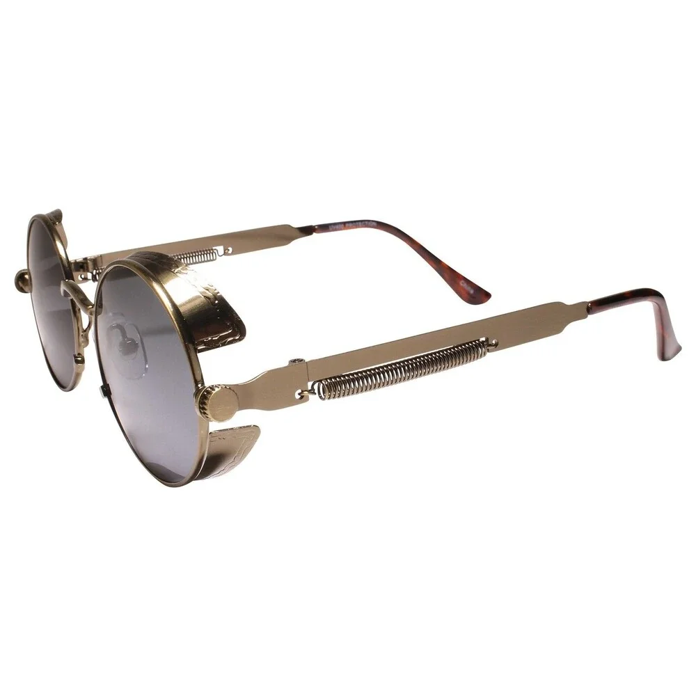 Brown Steampunk Sunglasses w/ Side Shield Mysterious Edgy Fashion Round Goggles